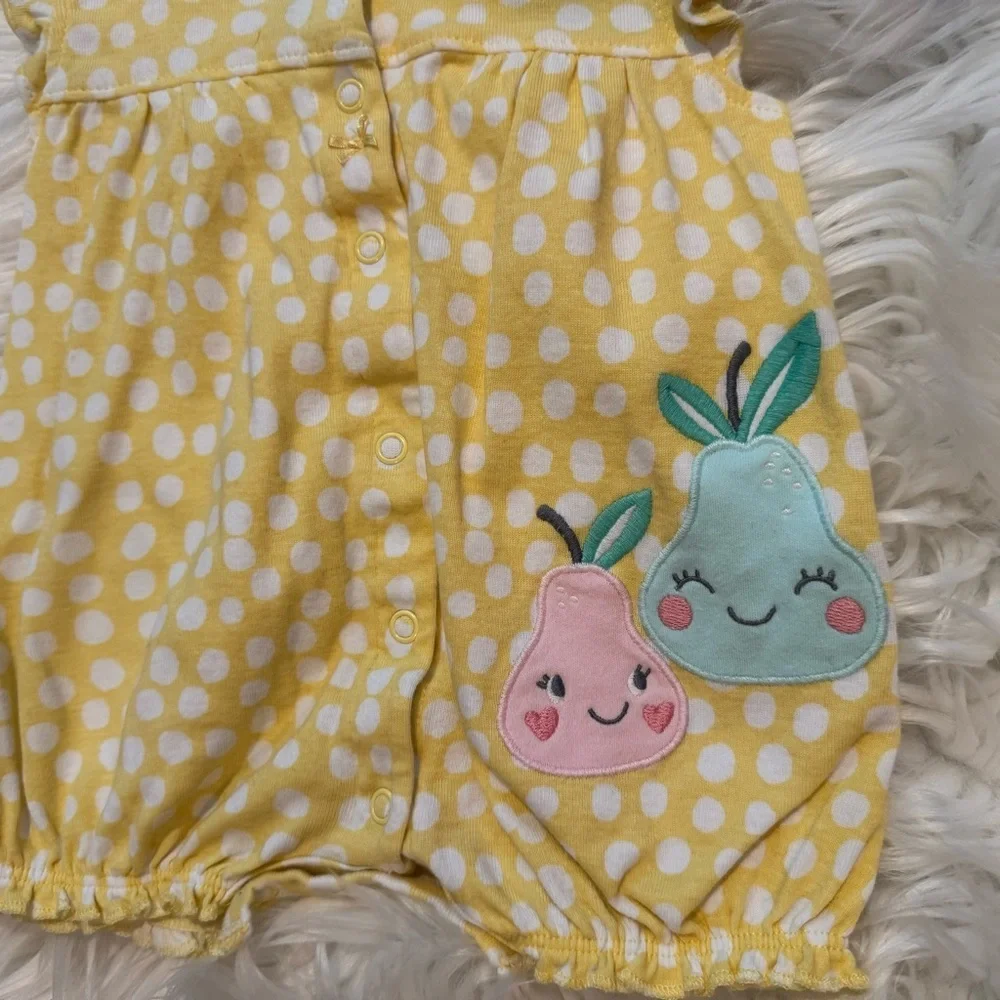 Carter’s Baby Girl Yellow Polka‎ Dot Pear Print Baby Romper Size 3 Months